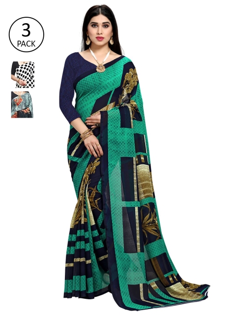 

KALINI Pack of 3 Poly Georgette Printed Sarees, White