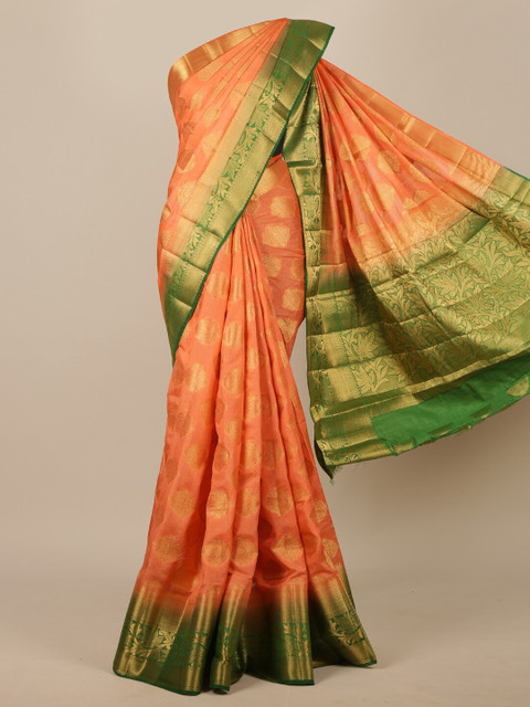 

Pothys Peach-Coloured & Green Ethnic Motifs Zari Jute Silk Saree