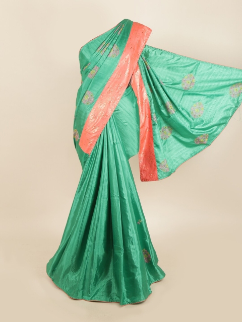 

Pothys Green & Peach-Coloured Ethnic Motifs Embroidered Jute Silk Saree