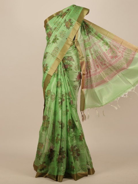

Pothys Green & Pink Floral Cotton Blend Saree