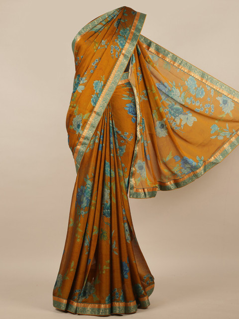 

Pothys Mustard & Blue Floral Poly Chiffon Saree