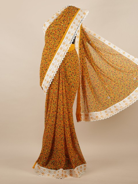 

Pothys Yellow & Green Floral Embroidered Poly Chiffon Saree