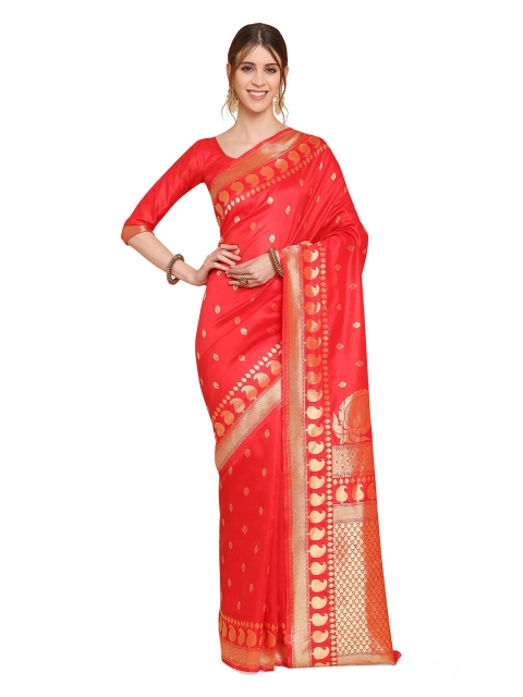 

KALINI Red & Gold-Toned Paisley Zari Silk Blend Fusion Banarasi Saree