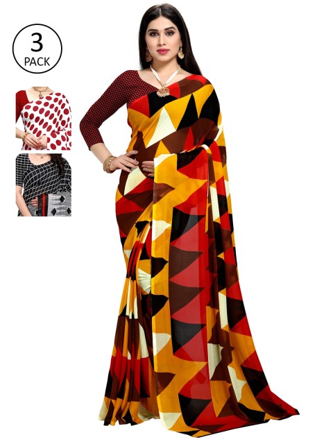 

KALINI Pack Of 3 Printed Poly Georgette Sarees, White