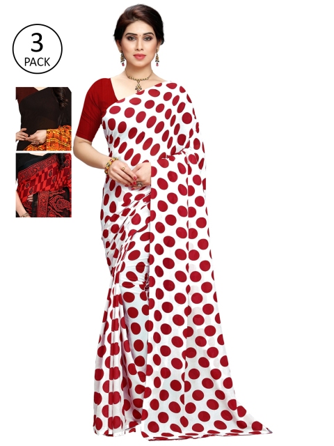 

KALINI Pack Of 3 White & Orange & Black Printed Saree, Red