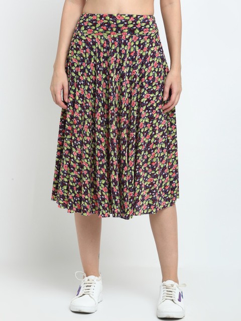 

NEUDIS Women Navy Blue & Red Floral Printed Flared Midi Skater Skirt