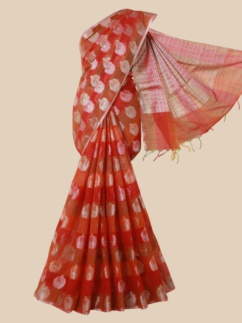 

Pothys Rust & Silver-Toned Floral Mirror Work Saree