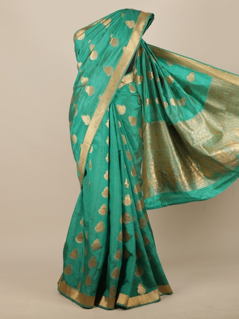 

Pothys Green & Gold-Toned Woven Design Jute Silk Saree