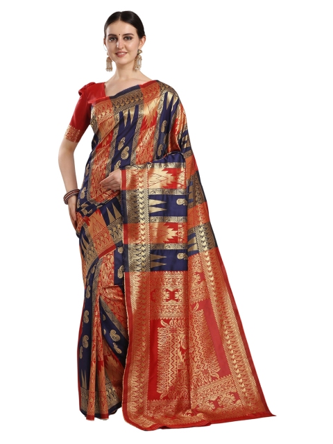 

KALINI Navy Blue & Orange Zari Silk Blend Fusion Banarasi Saree