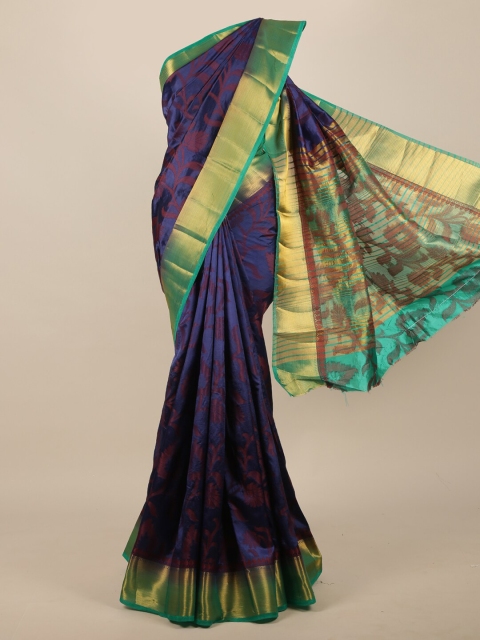 

Pothys Navy Blue & Gold-Toned Floral Jute Silk Saree
