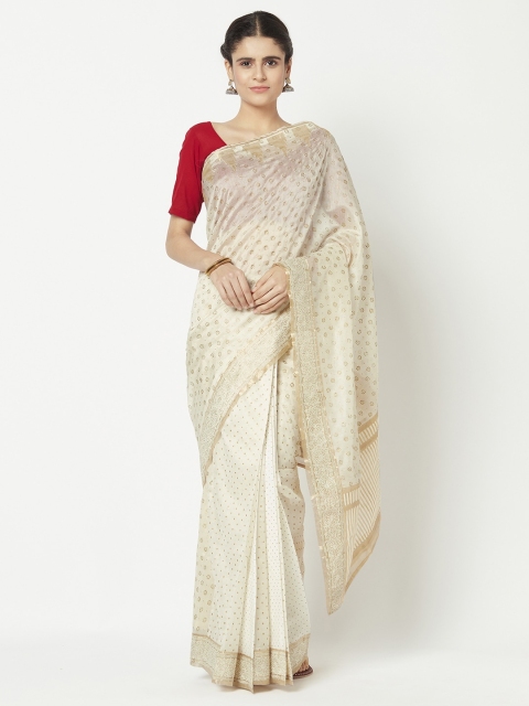 

Fabindia Off White & Gold-Toned Woven Design Silk Cotton Saree