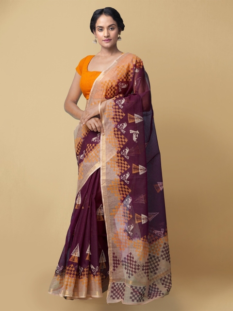 

Unnati Silks Burgundy & White Zari Pure Cotton Kota Handloom Saree