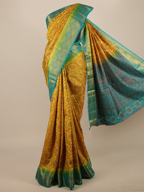 

Pothys Yellow & Blue Ethnic Motifs Zari Jute Silk Saree