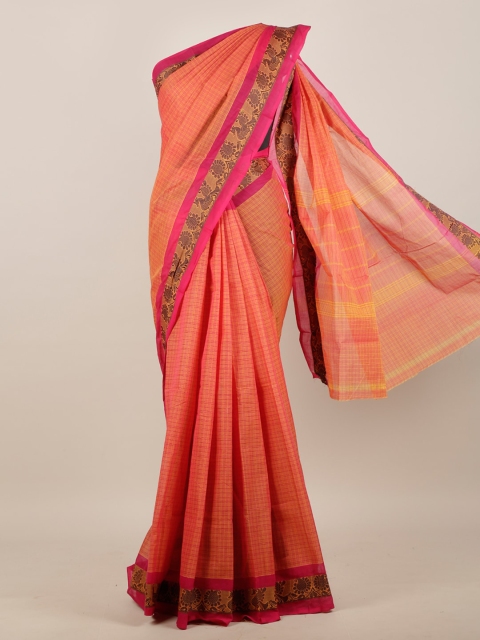 

Pothys Orange & Pink Checked Pure Cotton Saree