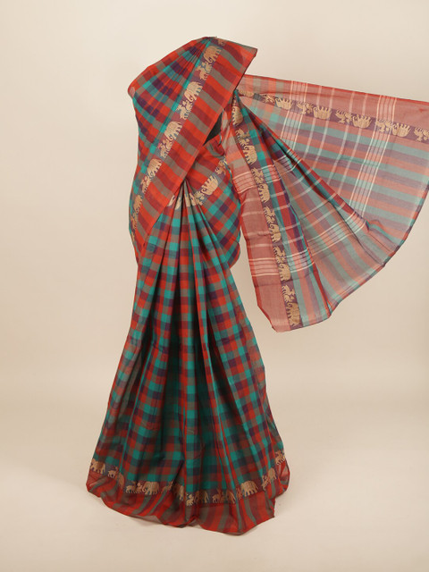 

Pothys Red & Green Checked Pure Cotton Saree