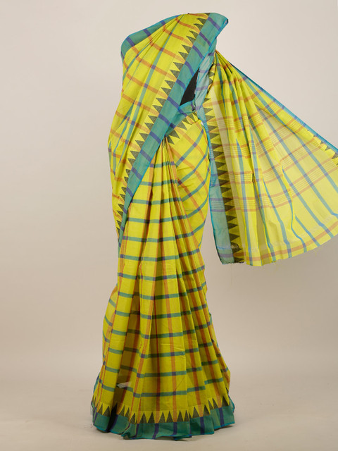 

Pothys Lime Green & Blue Checked Pure Cotton Saree