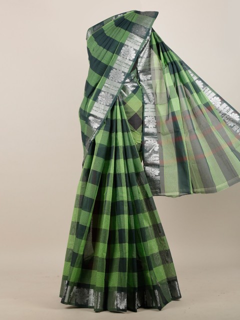 

Pothys Green & Silver-Toned Checked Pure Cotton Saree