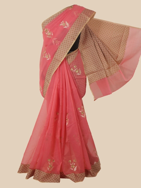 

Pothys Pink & Gold-Toned Floral Embroidered Saree