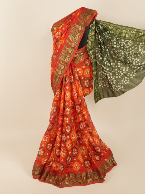 

Pothys Orange & Green Bandhani Zari Art Silk Saree