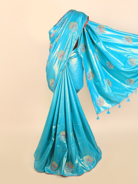 

Pothys Blue & Orange Floral Embroidered Saree