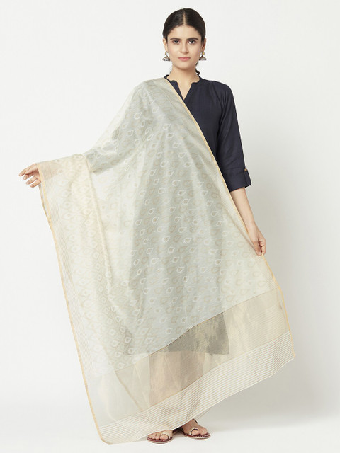 

Fabindia Off White & Gold-Toned Ethnic Motifs Woven Design Cotton Silk Dupatta