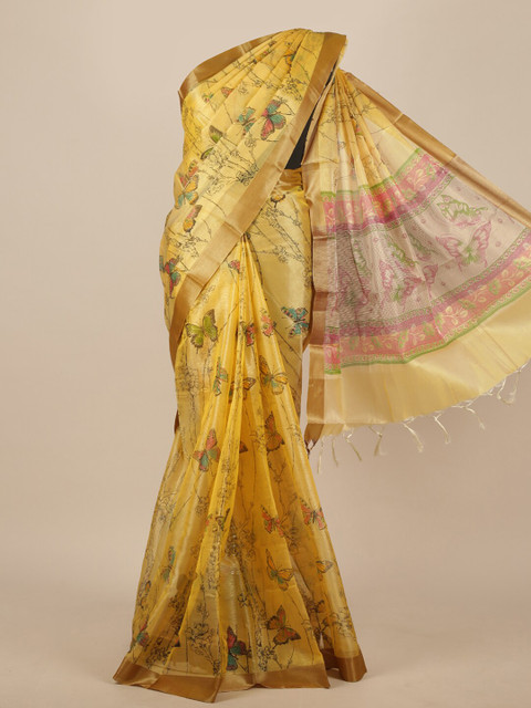 

Pothys Yellow & Pink Zari Cotton Blend Saree