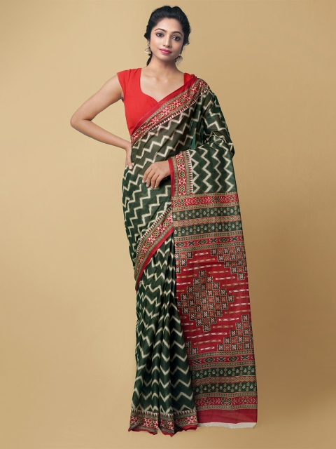 Unnati Silks Green & Red Woven Design Pure Cotton Kovai Saree
