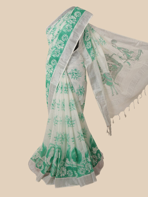

Pothys Off White & Green Floral Jute Cotton Saree