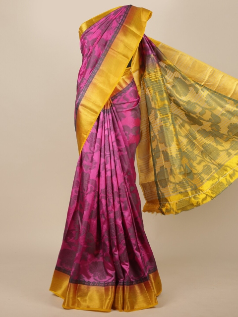 

Pothys Pink & Yellow Floral Zari Jute Silk Saree