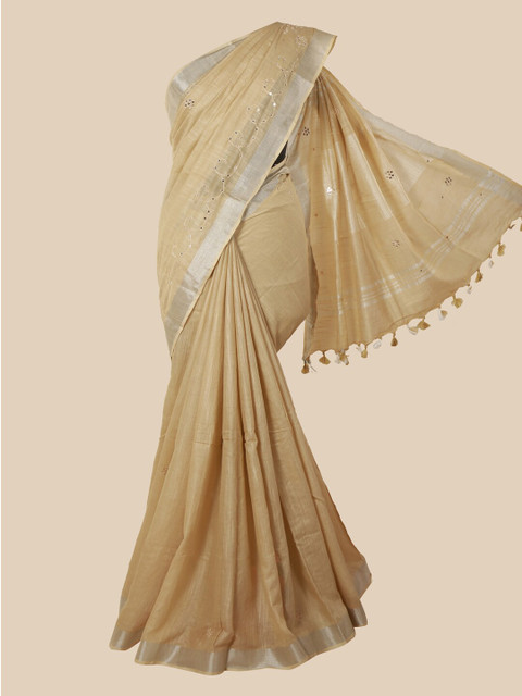 

Pothys Cream-Coloured & Silver-Toned Mirror Work Jute Cotton Saree