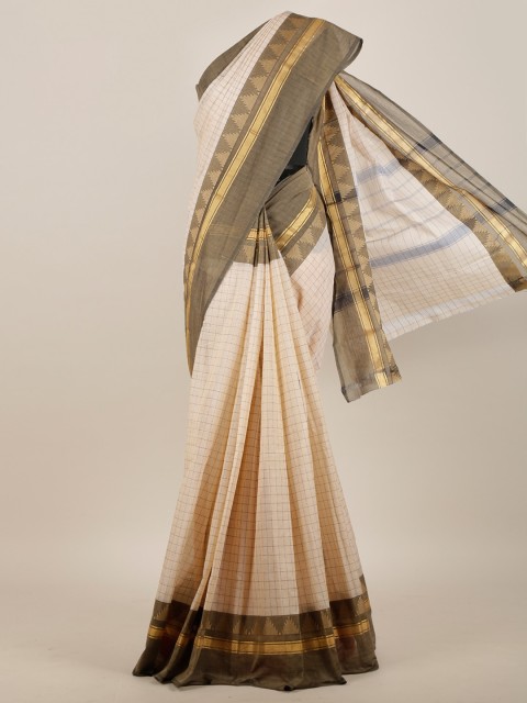 

Pothys Cream-Coloured & Brown Checked Pure Cotton Saree