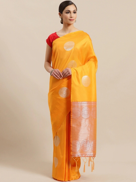 

Mitera Mustard & Silver-Toned Ethnic Motifs Zari Silk Blend Banarasi Saree