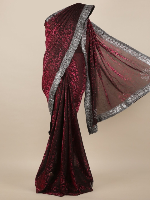 

Pothys Maroon & Silver-Toned Embellished Zari Jute Silk Saree