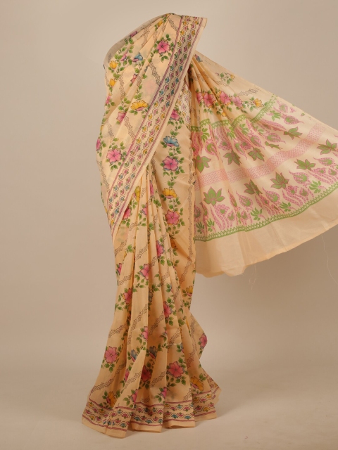 

Pothys Peach-Coloured & Pink Floral Saree