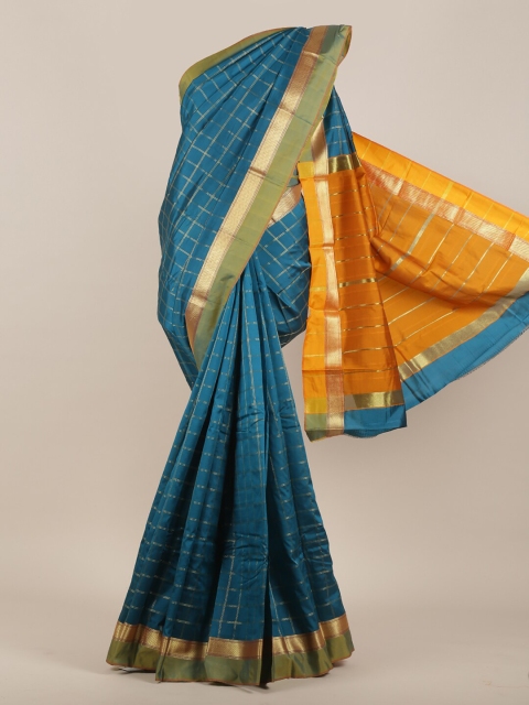 

Pothys Blue & Gold-Toned Checked Zari Art Silk Saree