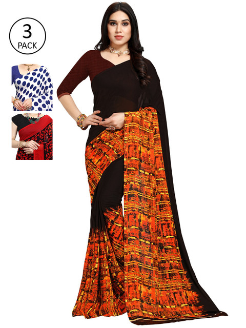 

KALINI Pack of 3 Poly Georgette Printed Sarees, White