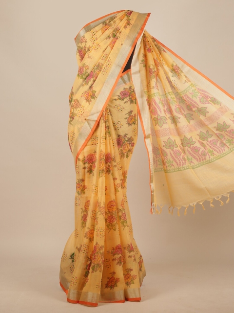 

Pothys Orange & Yellow Floral Zari Linen Blend Saree
