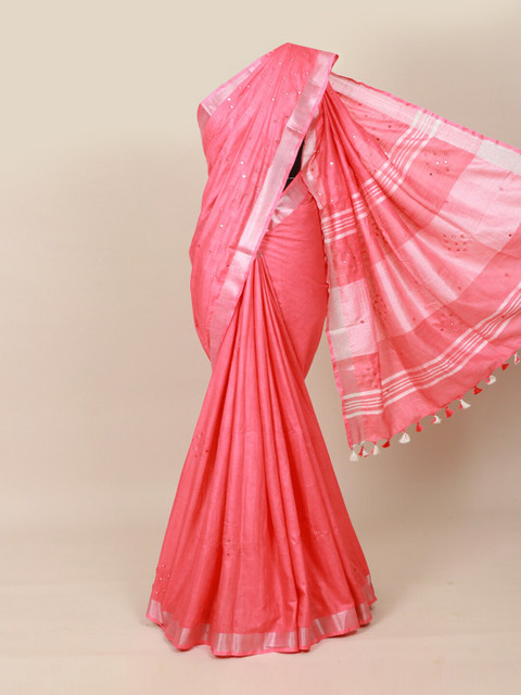 

Pothys Pink & Silver-Toned Embellished Linen Blend Saree