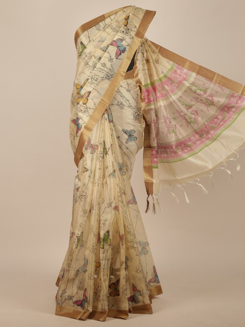 

Pothys Cream-Coloured & Yellow Saree
