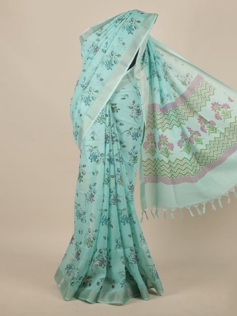 

Pothys Blue & Green Floral Zari Linen Blend Saree