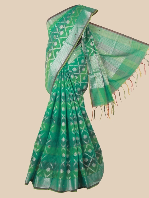 

Pothys Green & Silver-Toned Ethnic Motifs Cotton Blend Saree