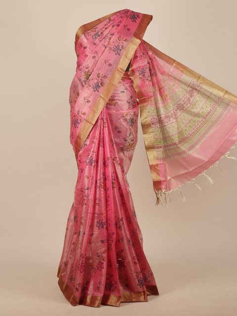 

Pothys Pink & Blue Floral Zari Cotton Blend Saree