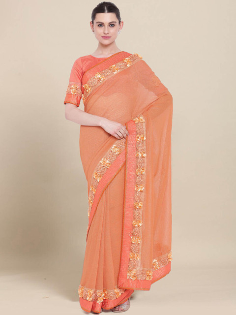 

Kvsfab Peach-Coloured Patchwork Saree