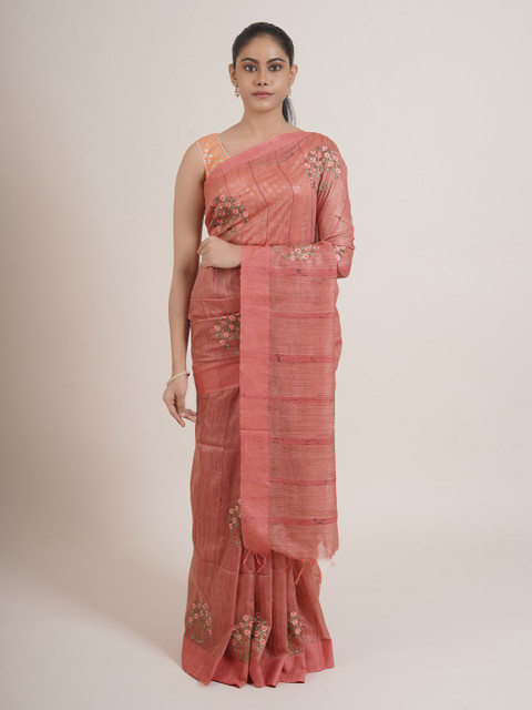 

Pothys Peach-Coloured & Green Floral Embroidered Saree