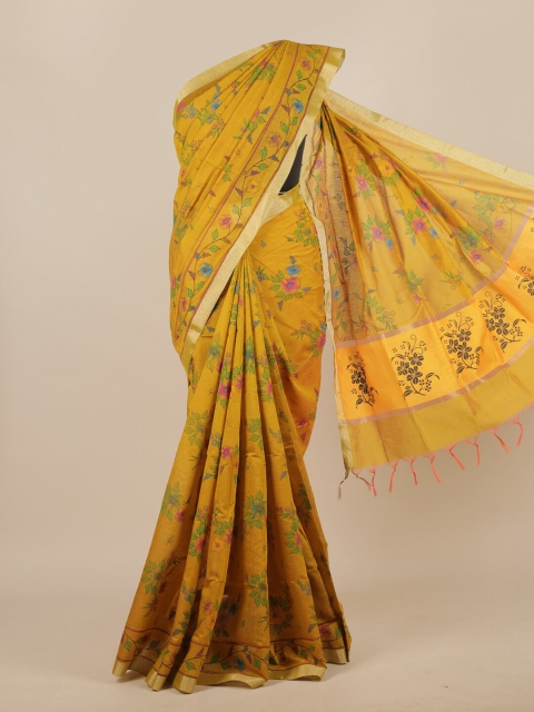 

Pothys Mustard Yellow & Pink Floral Silk Cotton Saree