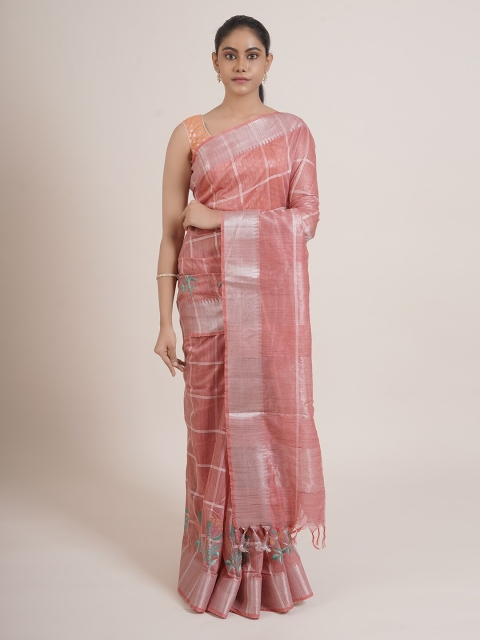 

Pothys Pink & Grey Checked Embroidered Saree