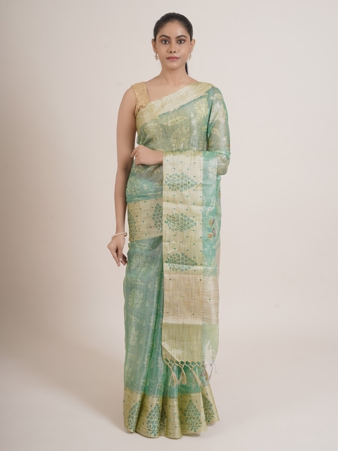 

Pothys Green & Beige Floral Mirror Work Tissue Saree