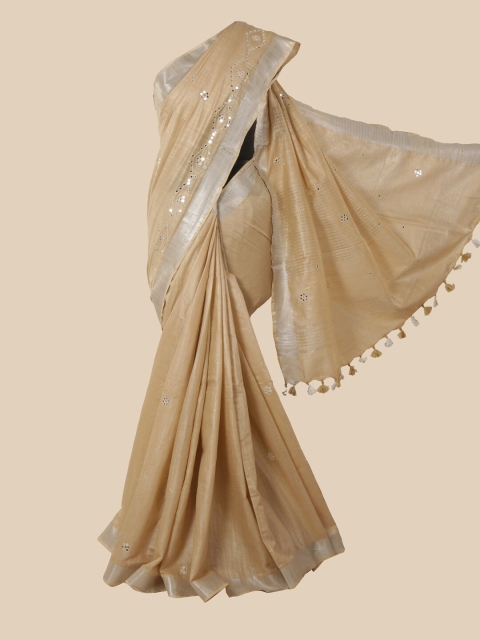 

Pothys Cream-Coloured & Silver-Toned Floral Mirror Work Jute Cotton Saree