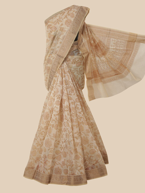 

Pothys Cream-Coloured & Brown Floral Supernet Saree