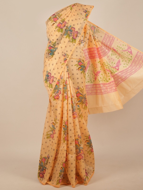 

Pothys Orange & Green Floral Cotton Blend Saree